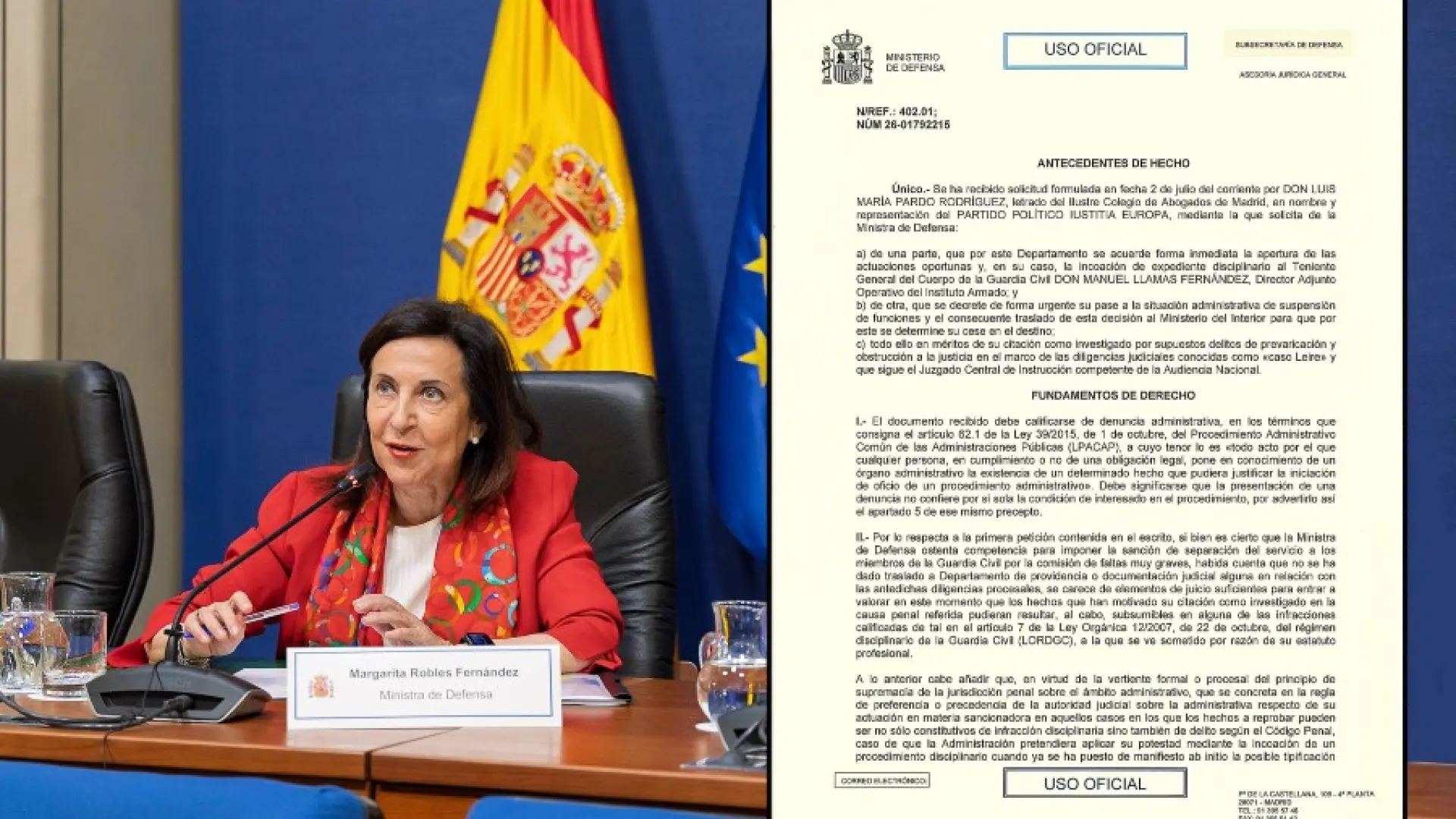 La ministra de Defensa no suspende al DAO de la Guardia Civil porque carece de «elementos de juicio suficientes»